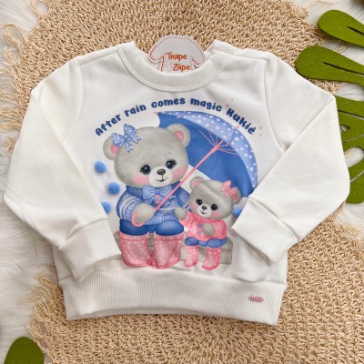  Conj. Casaco Ursinhas After Rain e Calça Legging - Off White e Azul